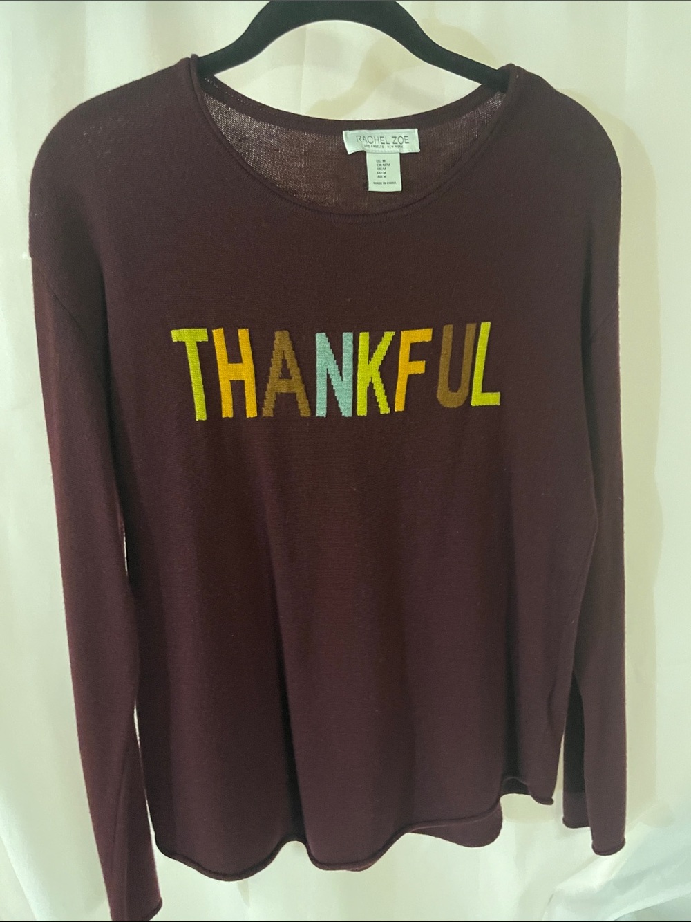 Rachel Zoe Burgundy Knit Pullover with Multicolor THANKFUL Lettering